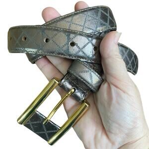 Avignon Gold Metallic Diamond Pattern Leather Belt Medium with Gold Buckle Med